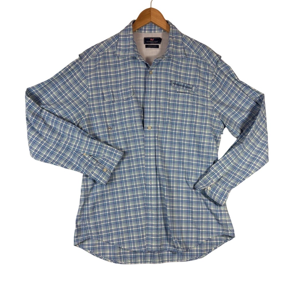 Vineyard Vines Mens Harbor Shirt Blue Green Plaid Performance Button Down L